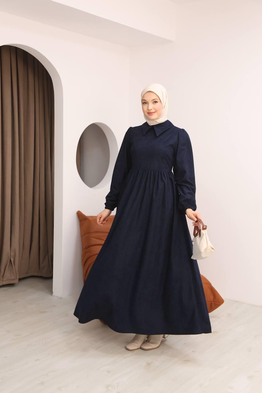 7100 Sade Tasarımlı Kadife Elbise - Lacivert