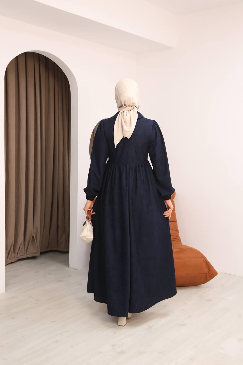 7100 Sade Tasarımlı Kadife Elbise - Lacivert