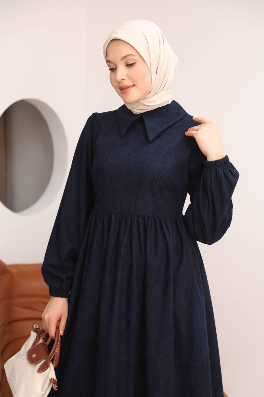7100 Sade Tasarımlı Kadife Elbise - Lacivert