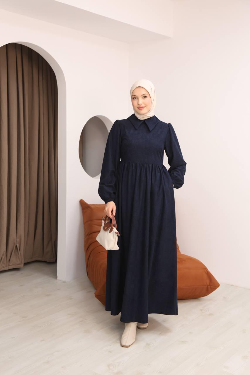 7100 Sade Tasarımlı Kadife Elbise - Lacivert