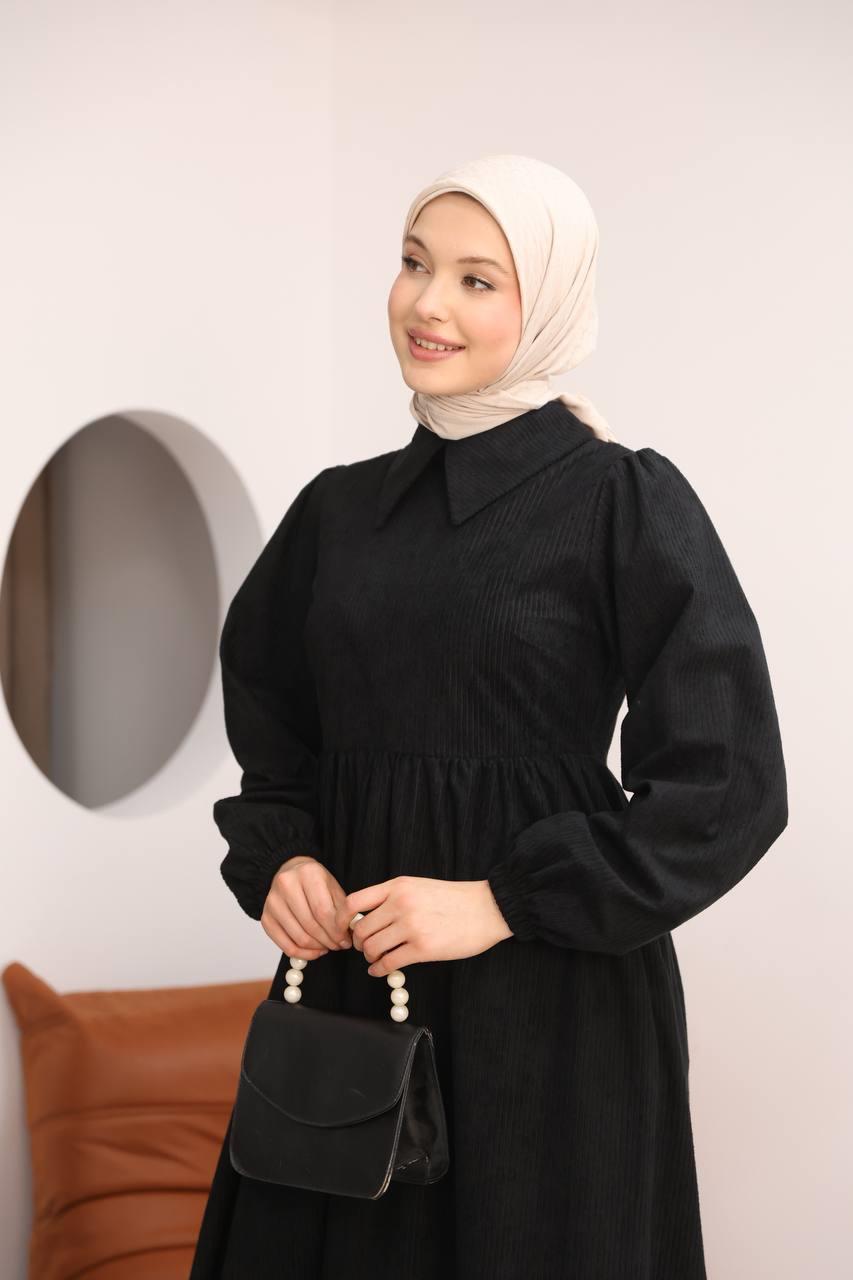 7100 Sade Tasarımlı Kadife Elbise - Siyah