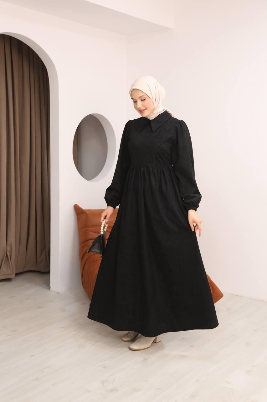 7100 Sade Tasarımlı Kadife Elbise - Siyah