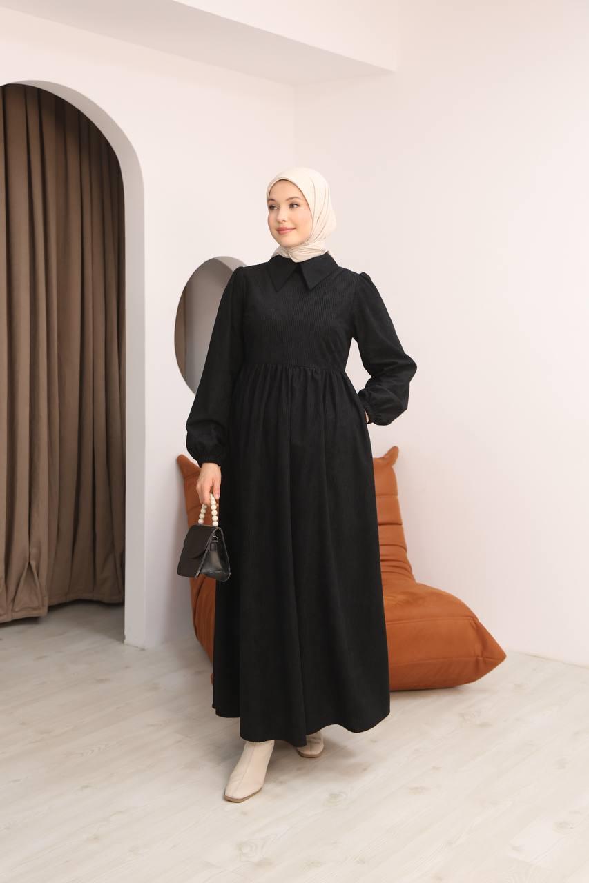 7100 Sade Tasarımlı Kadife Elbise - Siyah