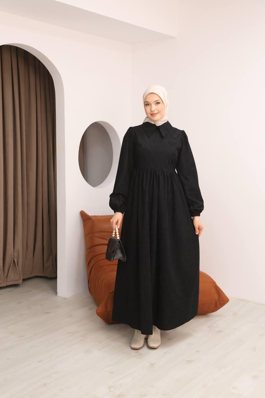 7100 Sade Tasarımlı Kadife Elbise - Siyah