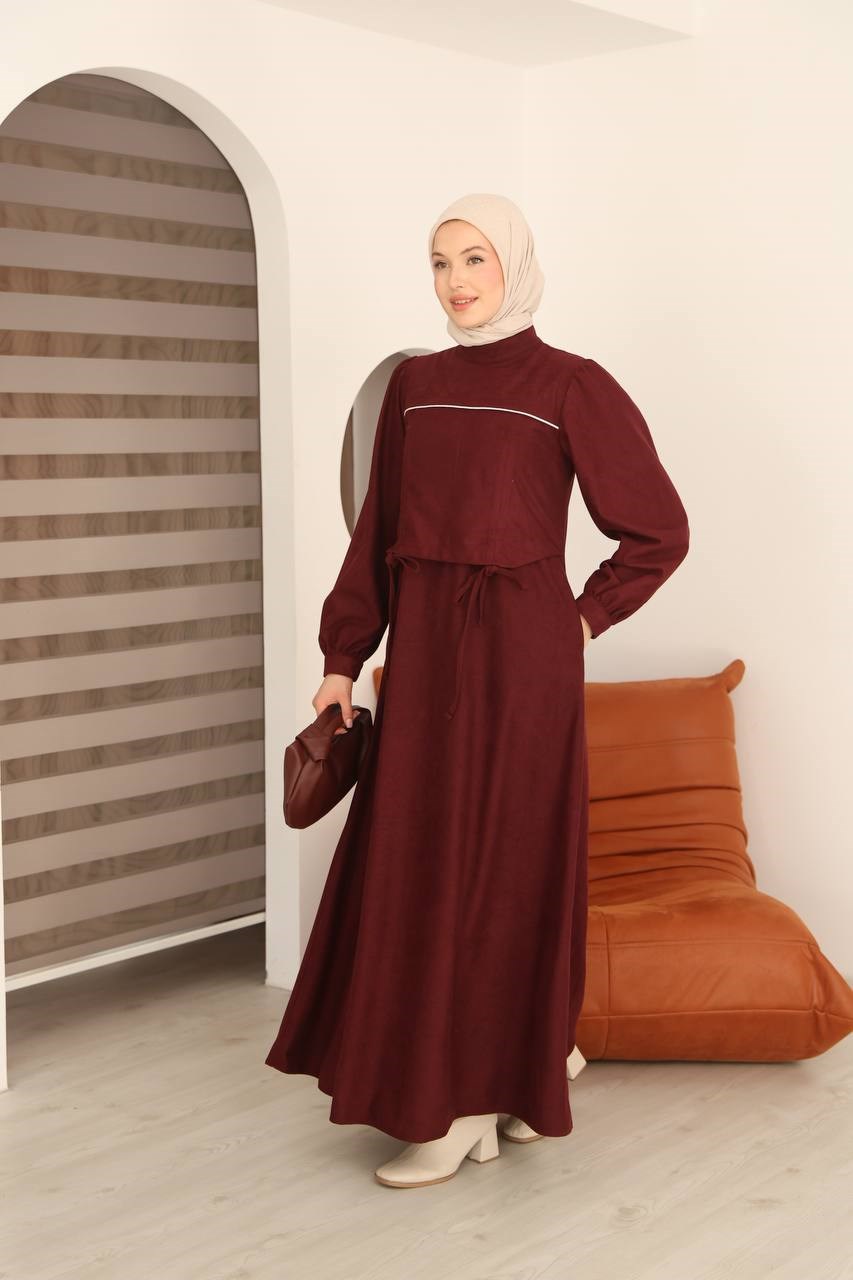 7101 Zarif Çizgi Elbise - Bordo