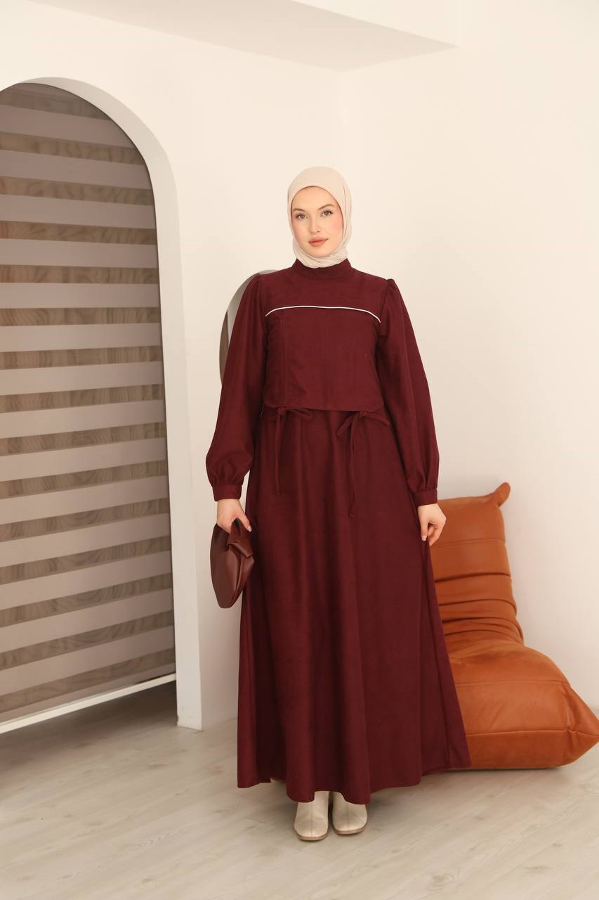 7101 Zarif Çizgi Elbise - Bordo