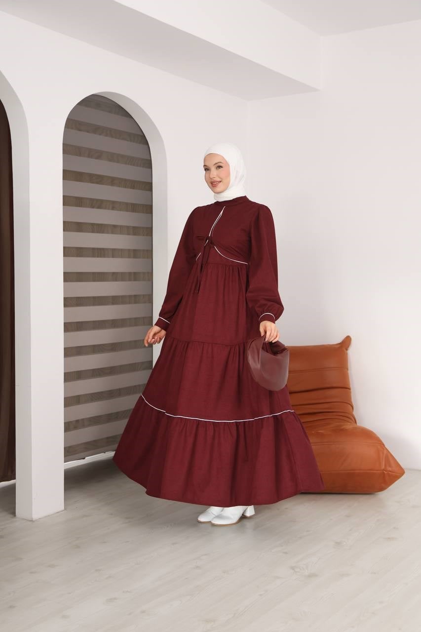 7102 Bağlamalı Katlı Elbise - Bordo 