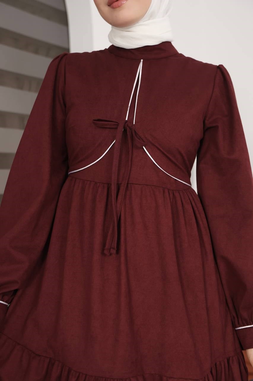 7102 Bağlamalı Katlı Elbise - Bordo 