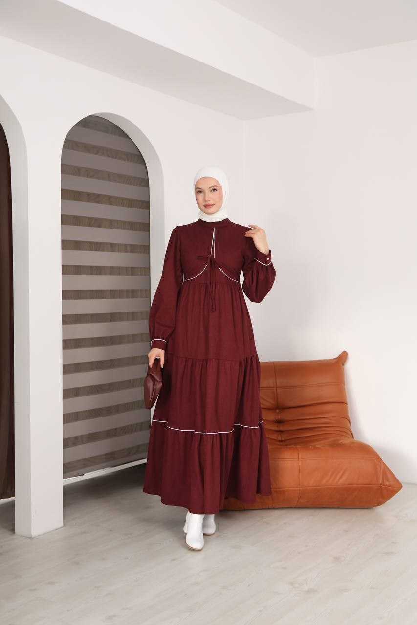 7102 Bağlamalı Katlı Elbise - Bordo 