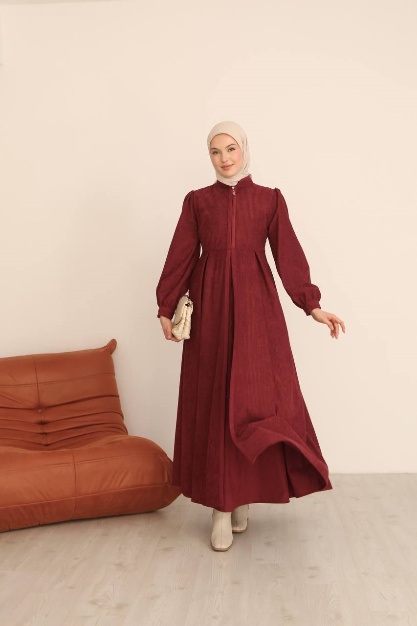 7104 Ön Fermuarlı Pileli Elbise - Bordo 