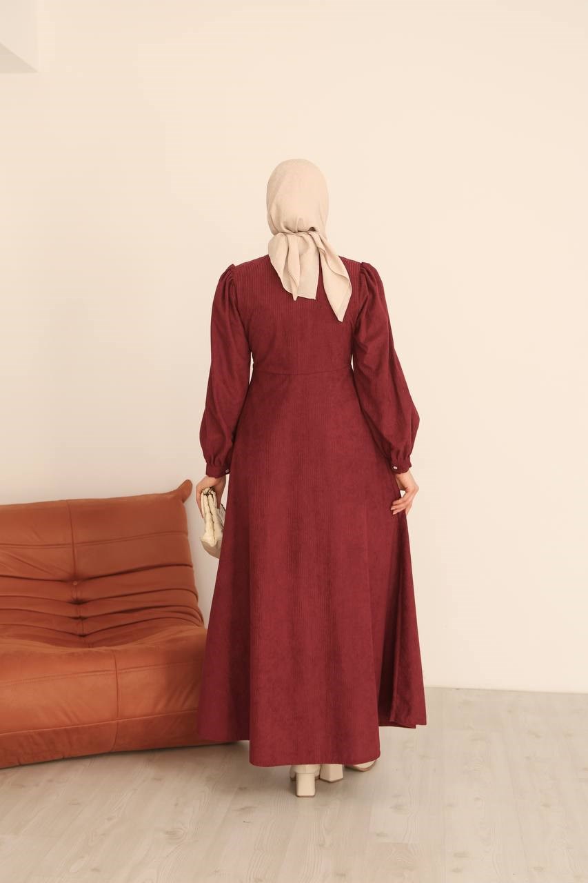 7104 Ön Fermuarlı Pileli Elbise - Bordo 
