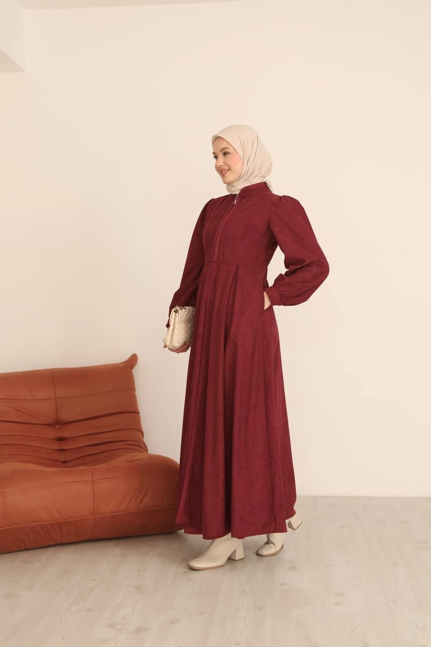7104 Ön Fermuarlı Pileli Elbise - Bordo 