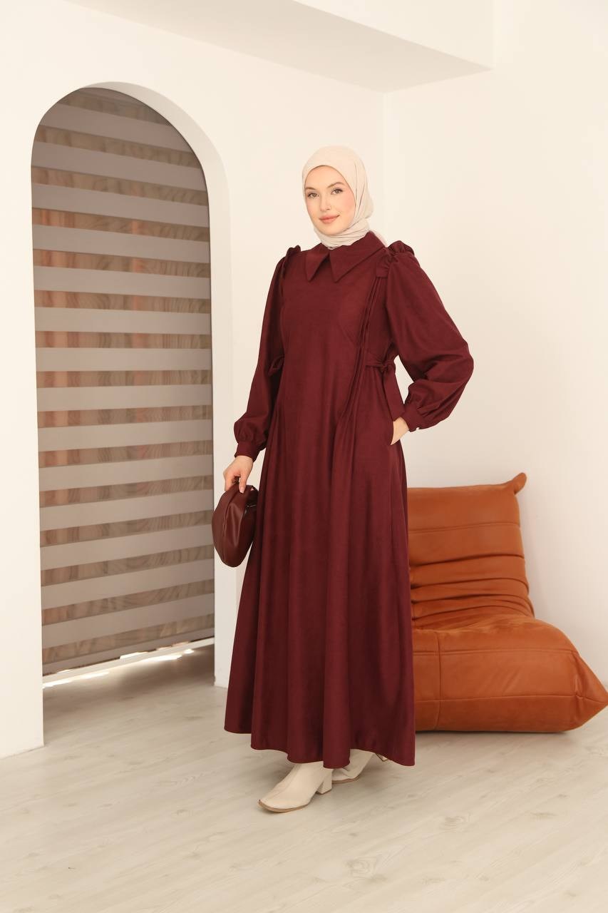 7105 Belden Bağlamalı Prenses Elbise - Bordo 