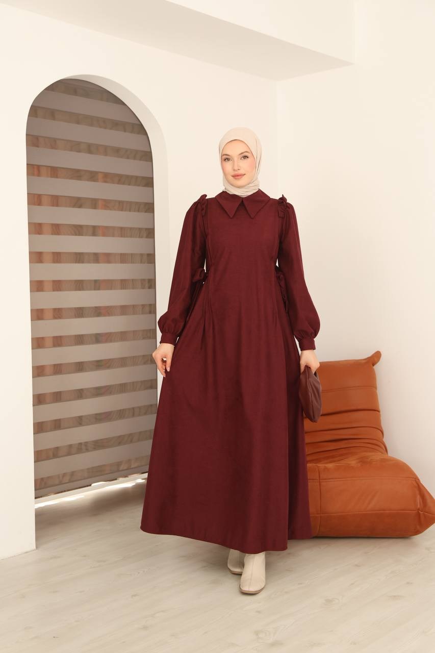 7105 Belden Bağlamalı Prenses Elbise - Bordo 