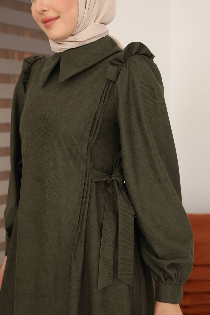 7105 Belden Bağlamalı Prenses Elbise - Haki 
