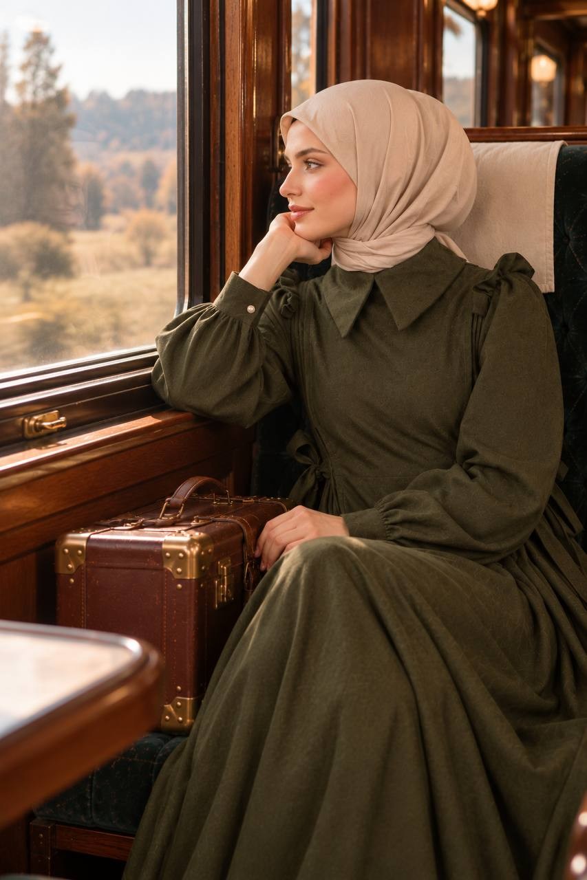 7105 Belden Bağlamalı Prenses Elbise - Haki 