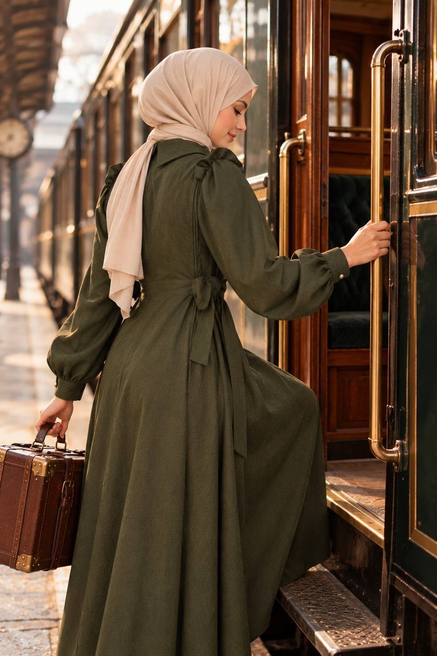 7105 Belden Bağlamalı Prenses Elbise - Haki 