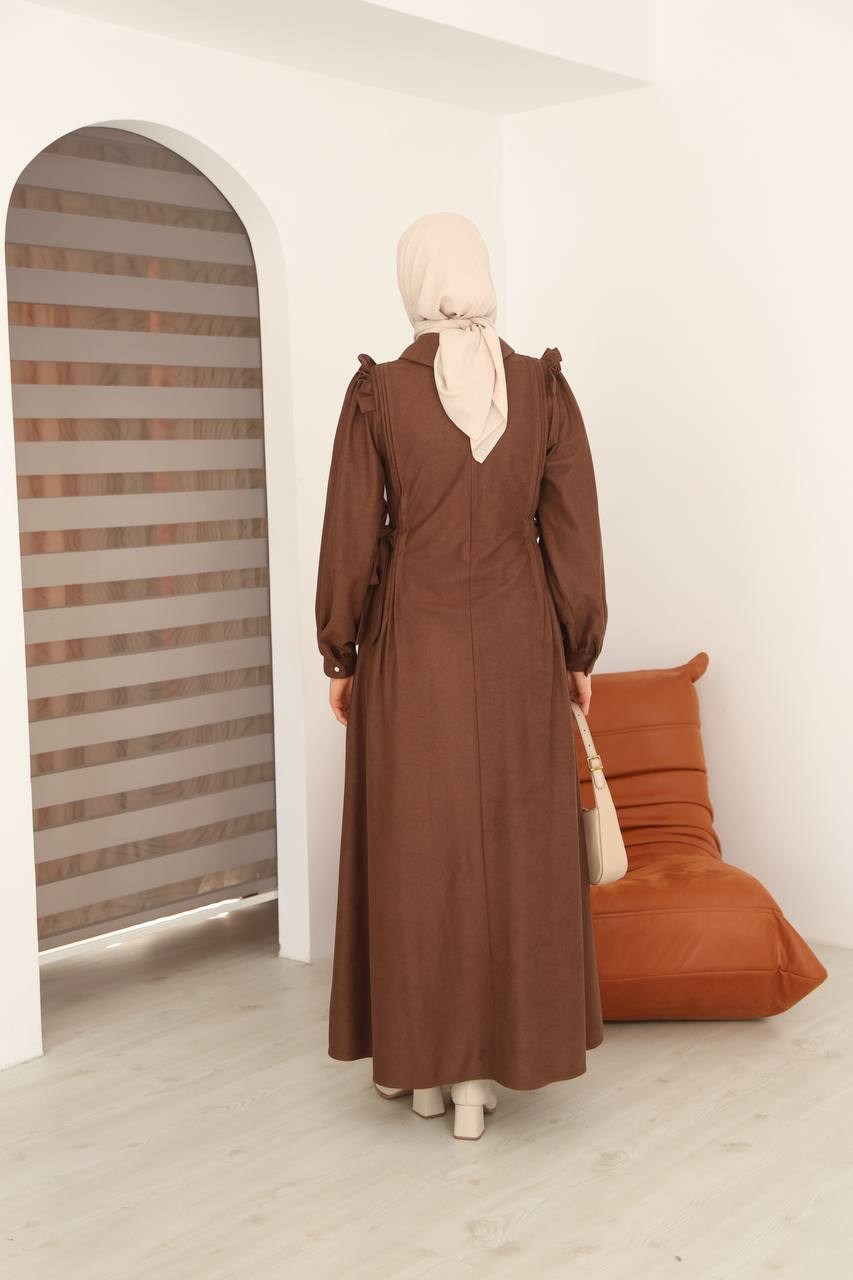 7105 Belden Bağlamalı Prenses Elbise - Kahverengi 
