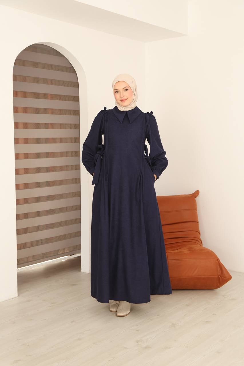 7105 Belden Bağlamalı Prenses Elbise - Lacivert 
