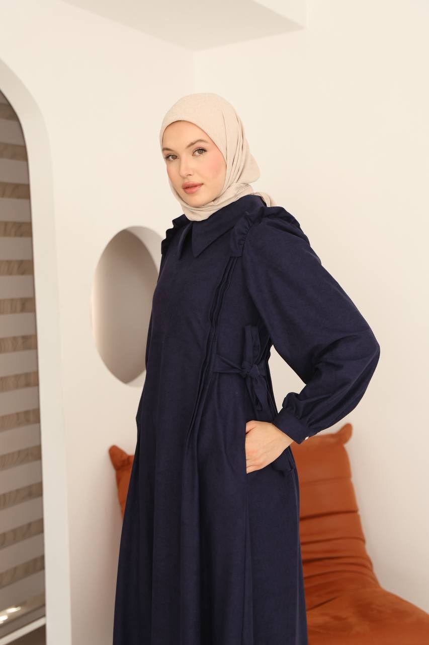 7105 Belden Bağlamalı Prenses Elbise - Lacivert 