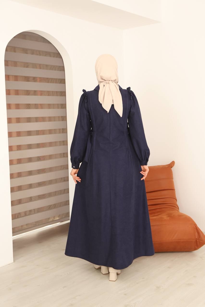 7105 Belden Bağlamalı Prenses Elbise - Lacivert 