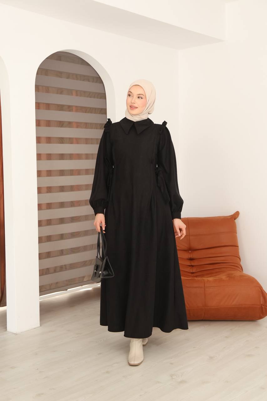 7105 Belden Bağlamalı Prenses Elbise - Siyah 