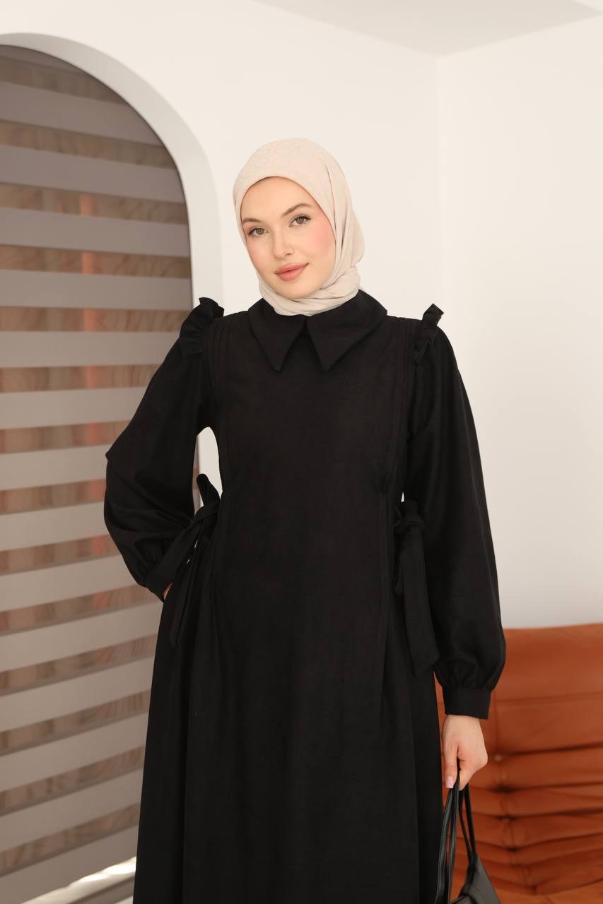 7105 Belden Bağlamalı Prenses Elbise - Siyah 