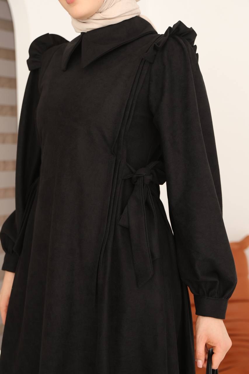 7105 Belden Bağlamalı Prenses Elbise - Siyah 