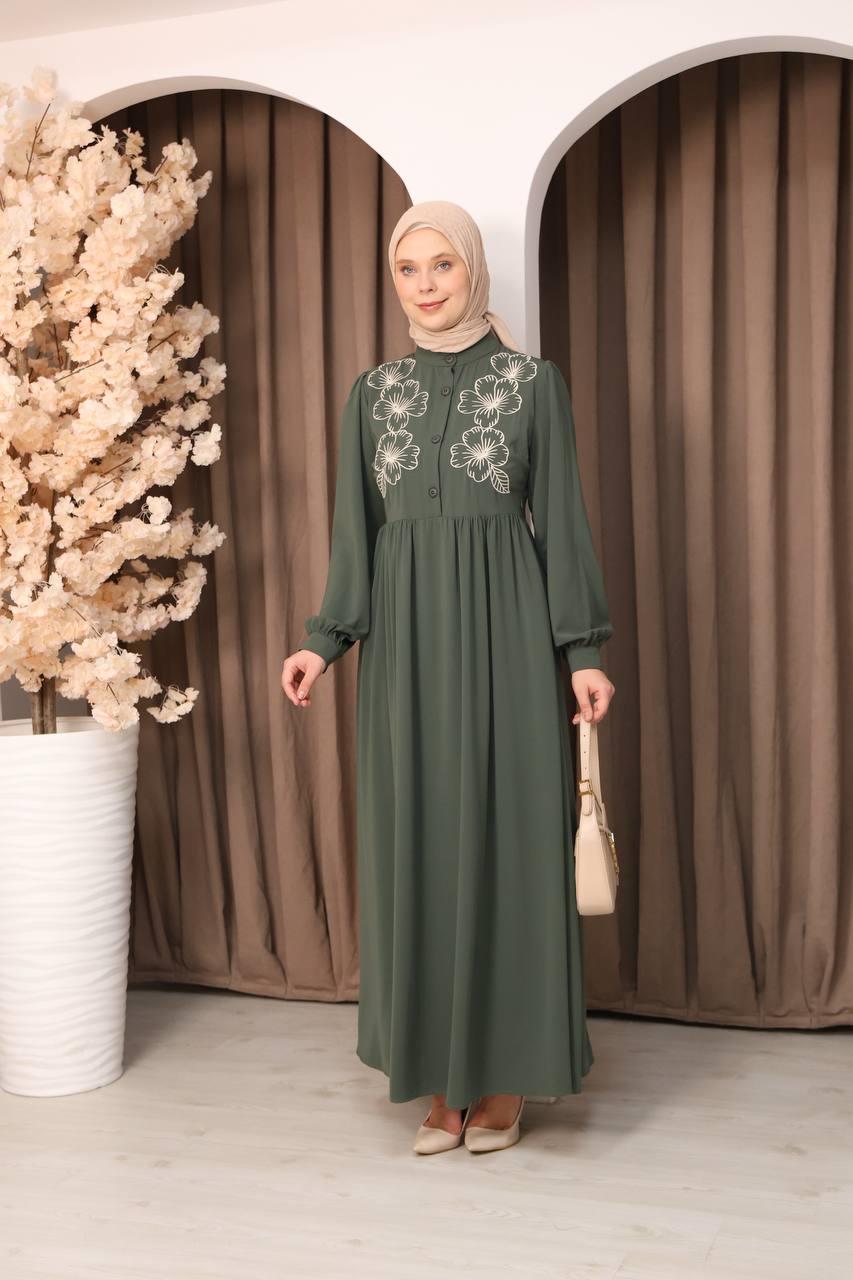7107 Narin Nakışlı Elbise - Haki