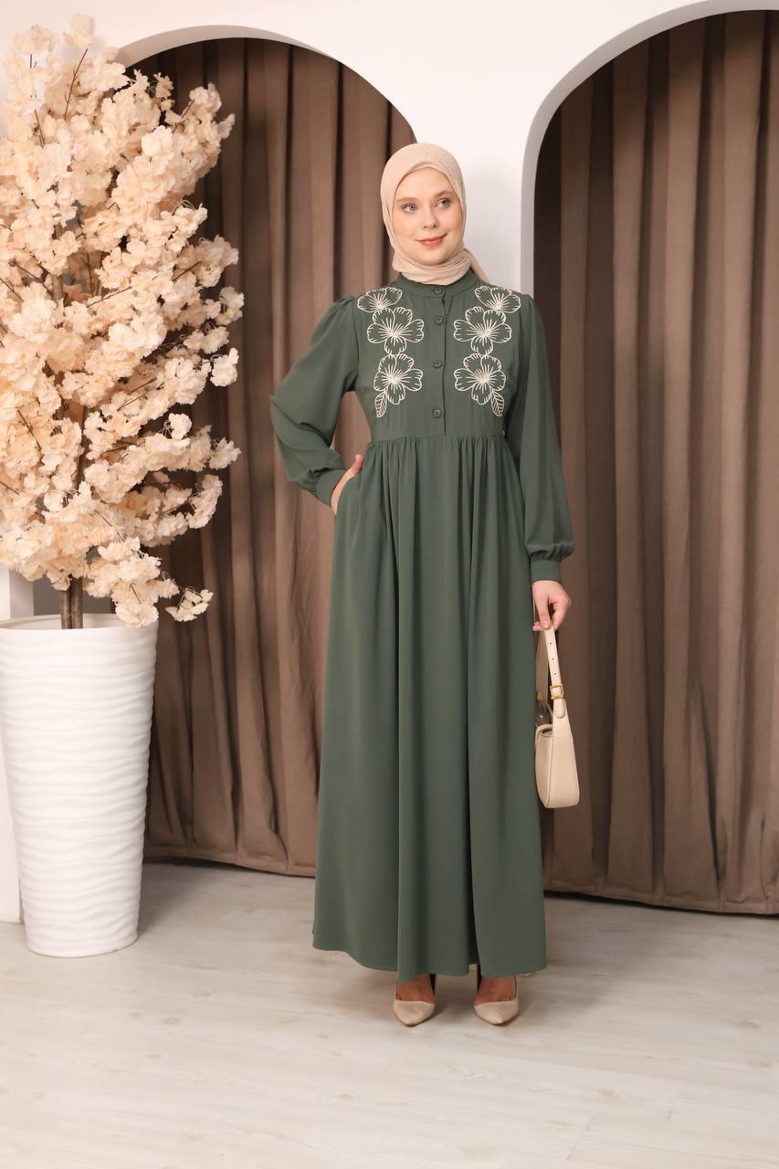 7107 Narin Nakışlı Elbise - Haki