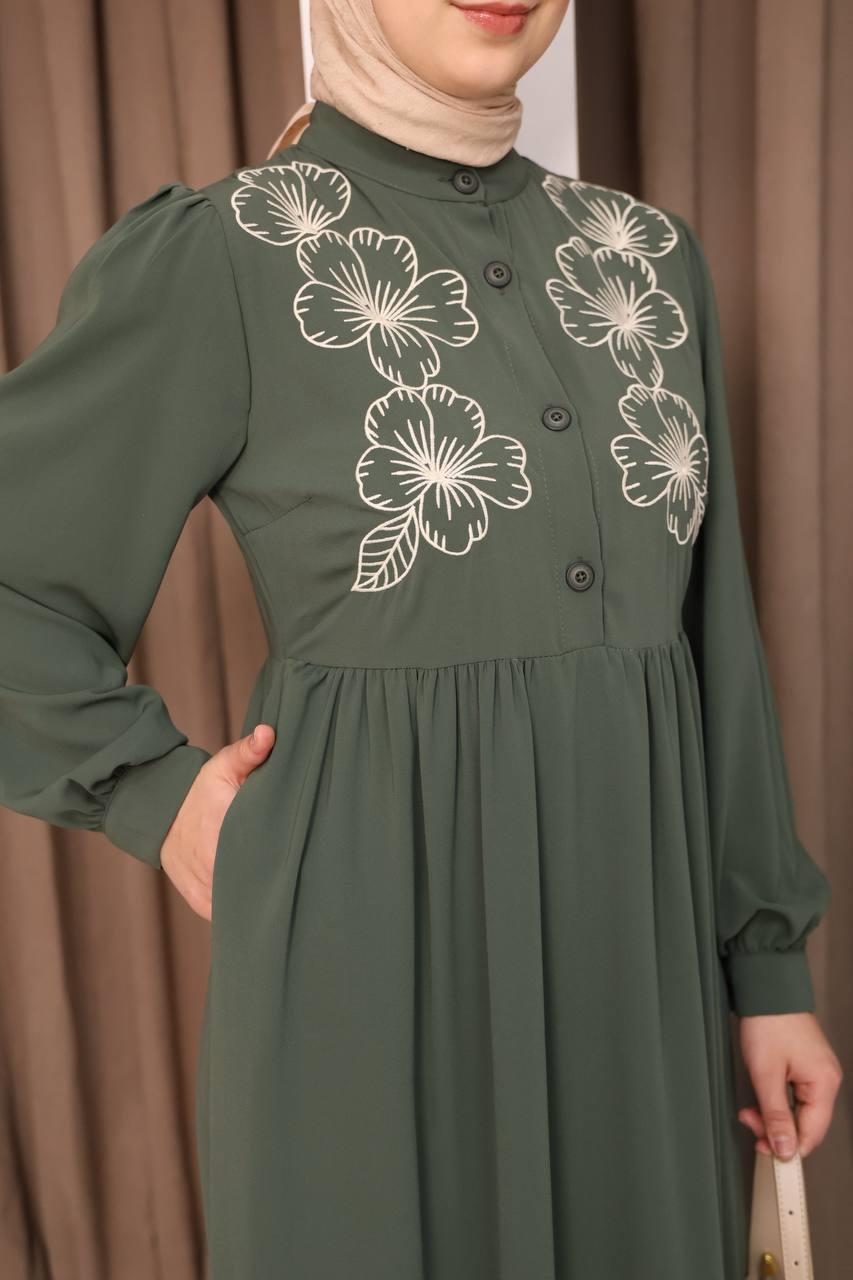 7107 Narin Nakışlı Elbise - Haki