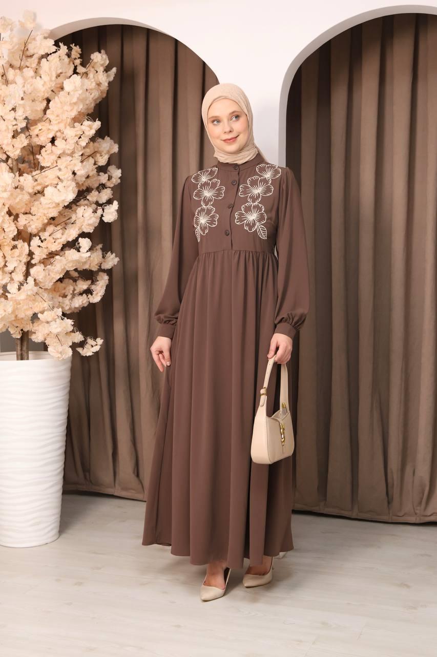 7107 Narin Nakışlı Elbise - Kahverengi