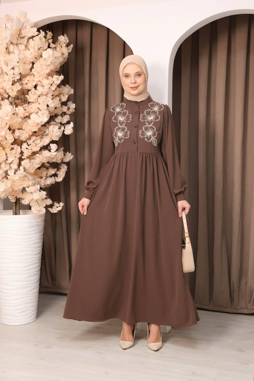 7107 Narin Nakışlı Elbise - Kahverengi