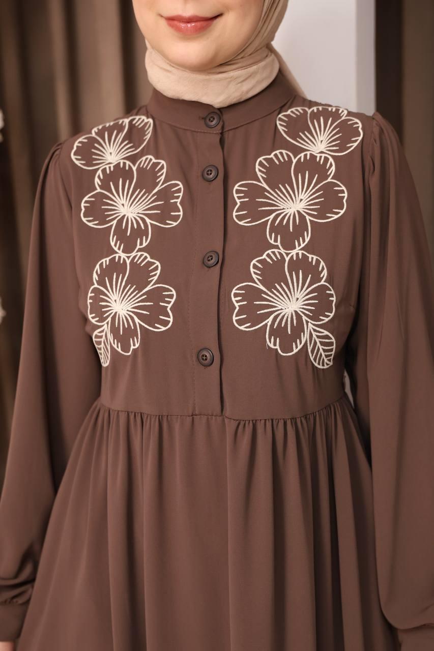 7107 Narin Nakışlı Elbise - Kahverengi