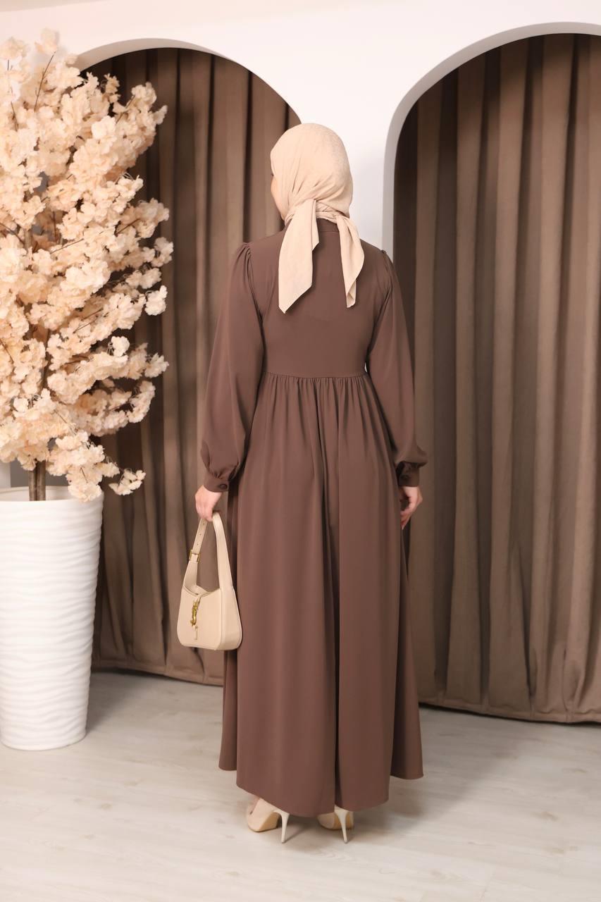 7107 Narin Nakışlı Elbise - Kahverengi