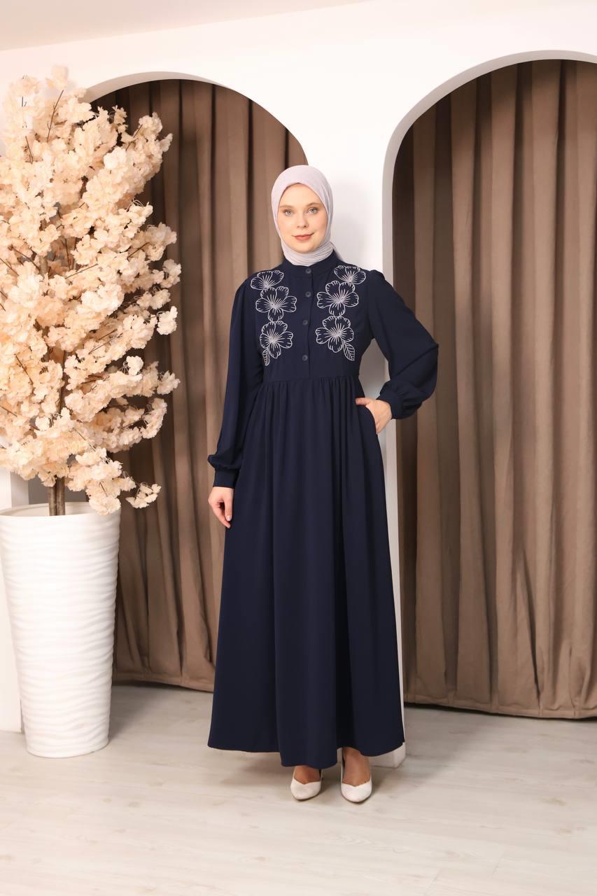 7107 Narin Nakışlı Elbise - Lacivert