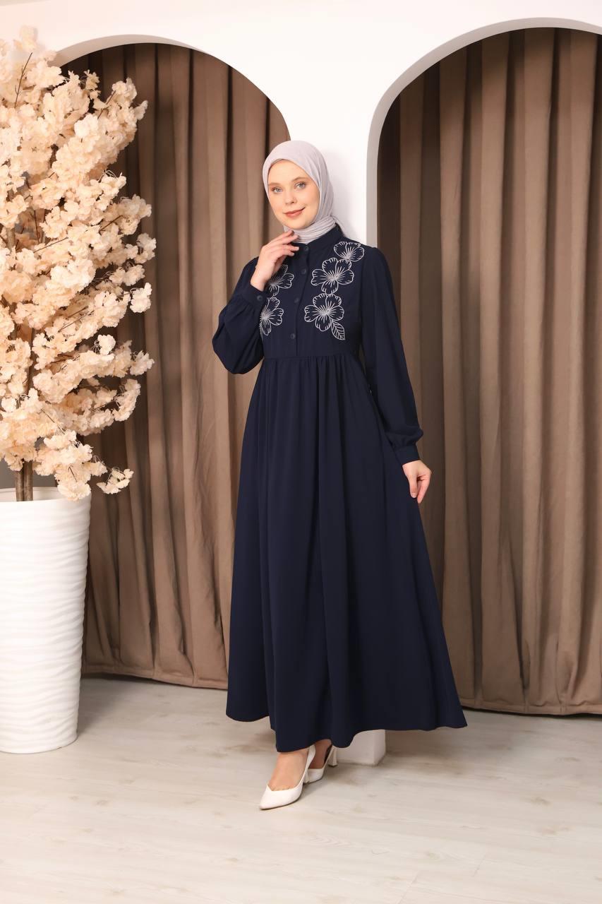 7107 Narin Nakışlı Elbise - Lacivert