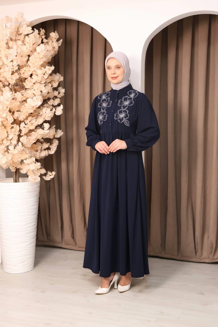 7107 Narin Nakışlı Elbise - Lacivert