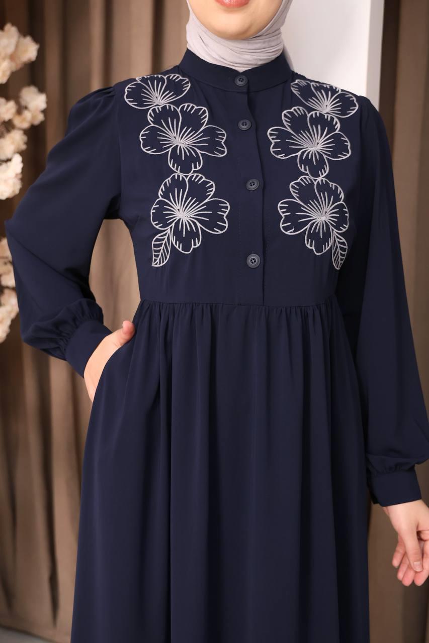 7107 Narin Nakışlı Elbise - Lacivert