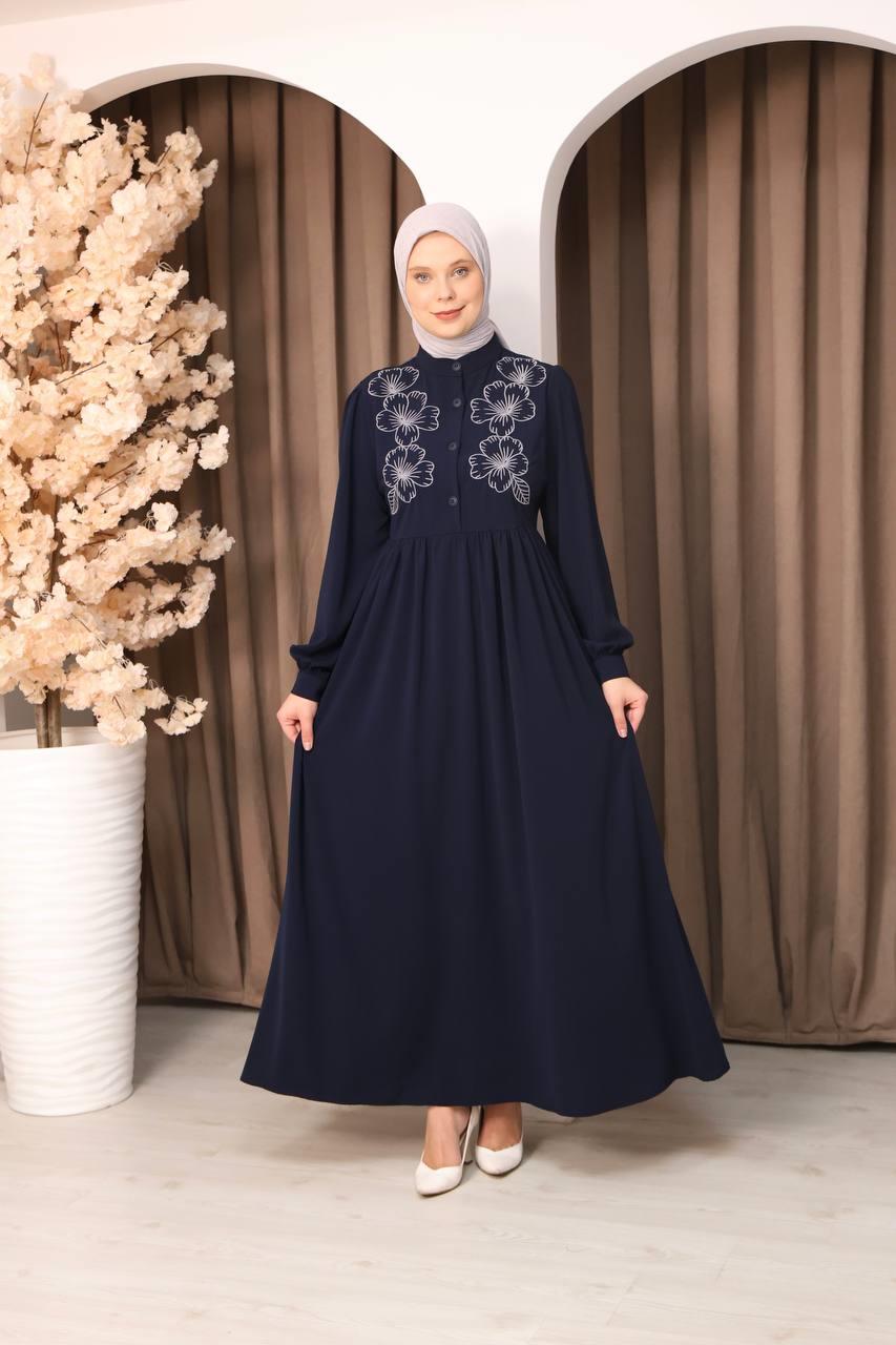 7107 Narin Nakışlı Elbise - Lacivert