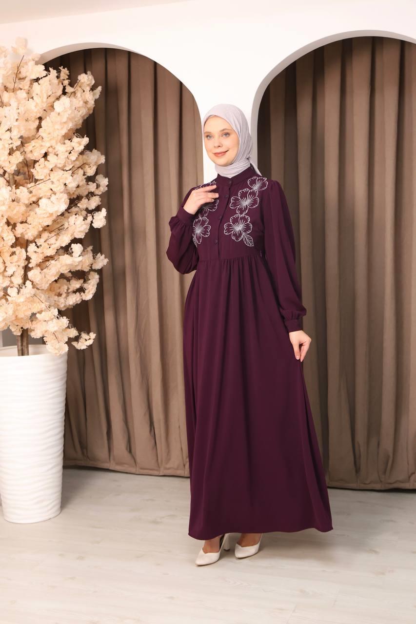 7107 Narin Nakışlı Elbise - Mürdüm