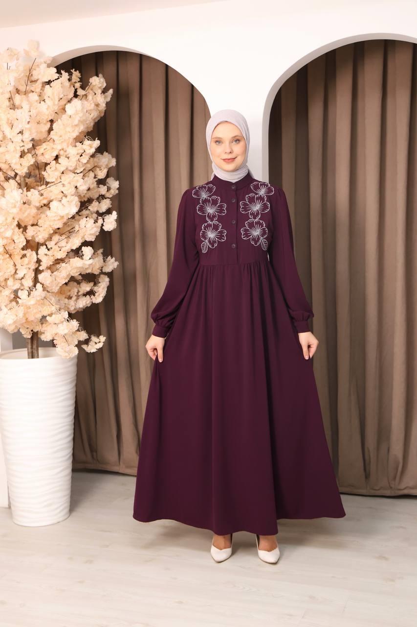 7107 Narin Nakışlı Elbise - Mürdüm