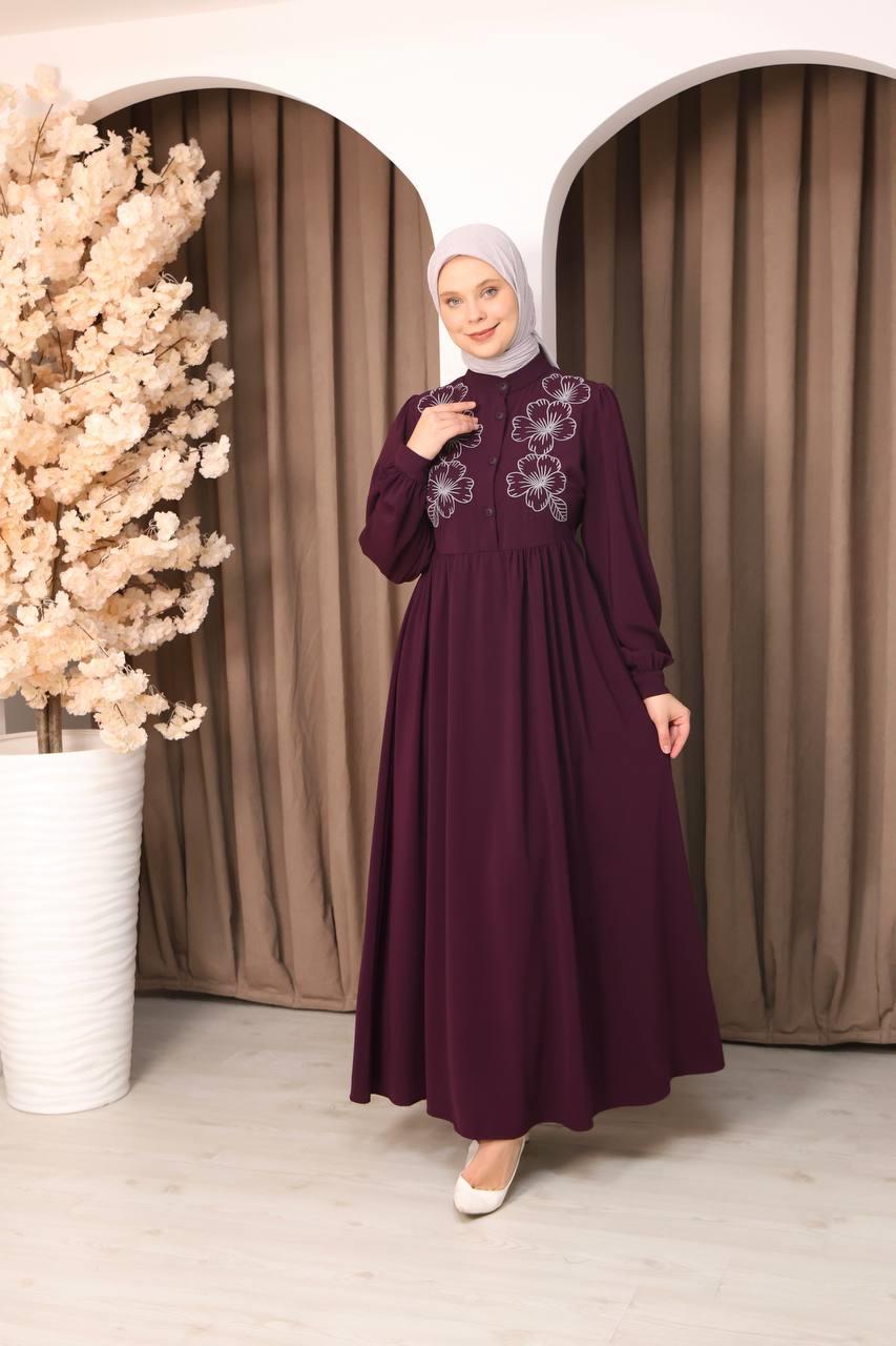 7107 Narin Nakışlı Elbise - Mürdüm