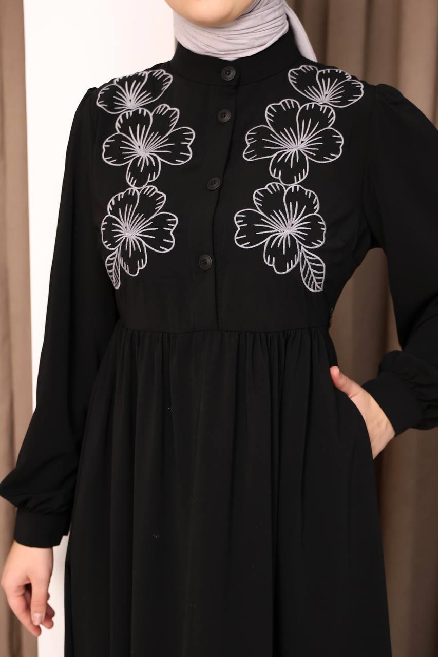 7107 Narin Nakışlı Elbise - Siyah