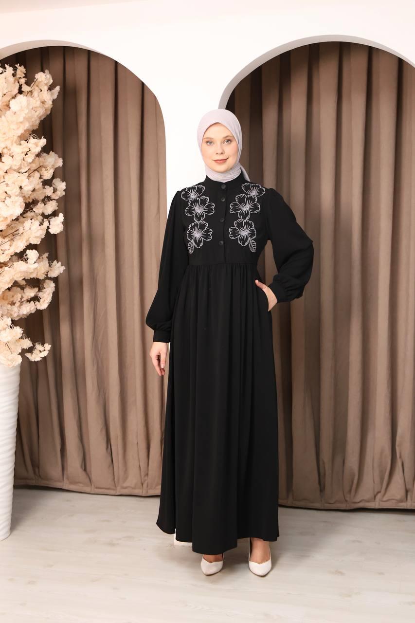 7107 Narin Nakışlı Elbise - Siyah