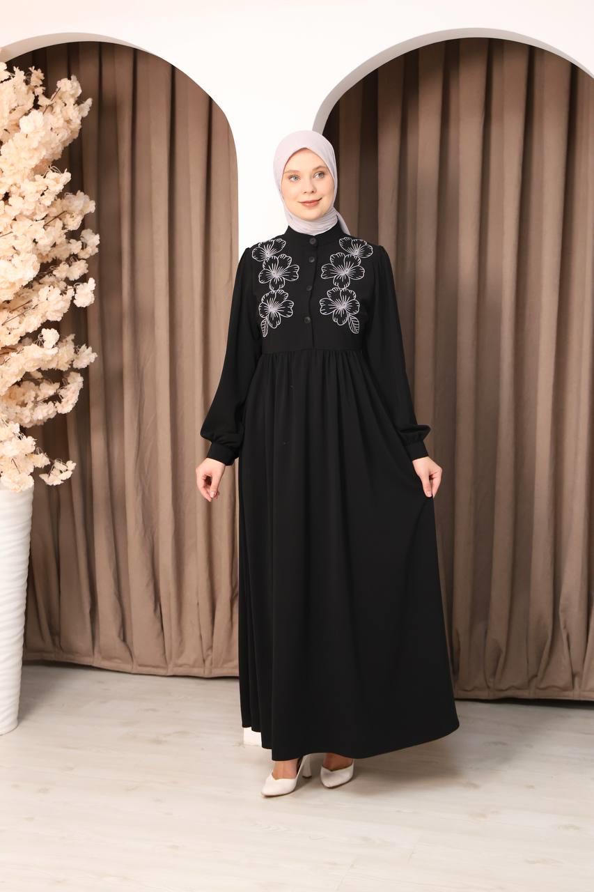 7107 Narin Nakışlı Elbise - Siyah
