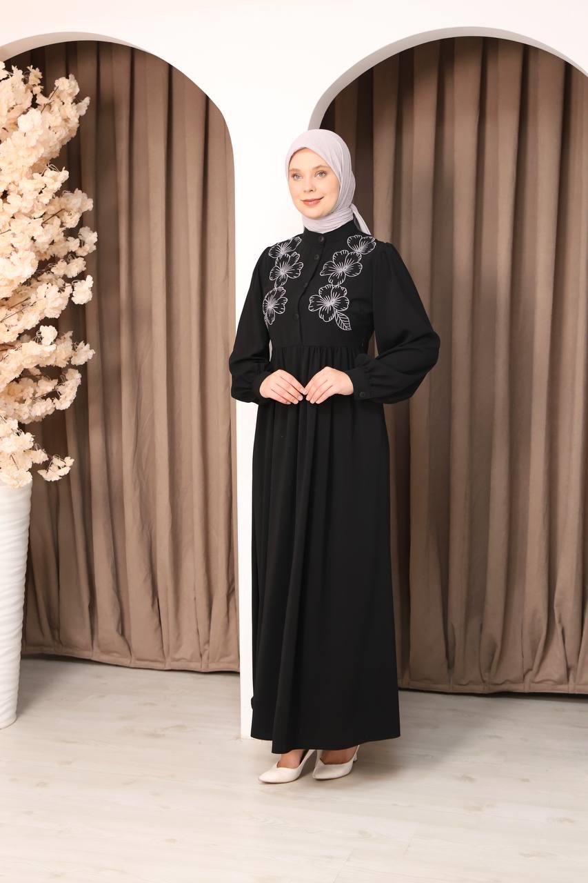 7107 Narin Nakışlı Elbise - Siyah