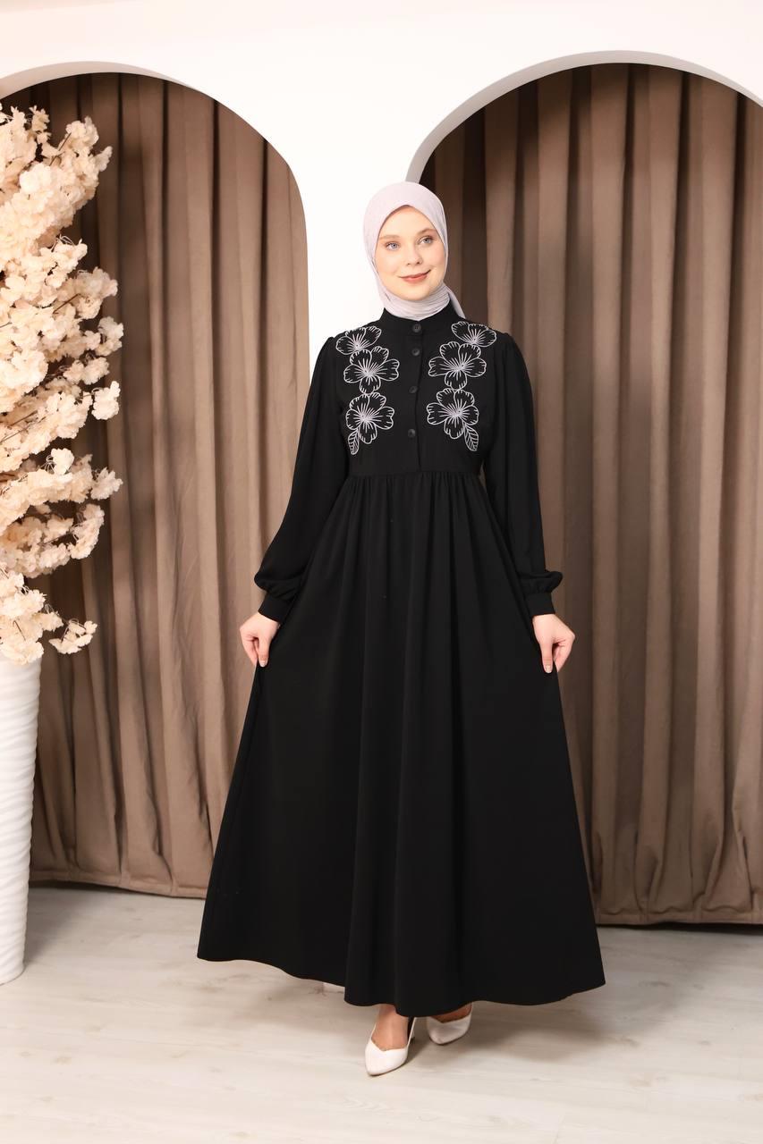 7107 Narin Nakışlı Elbise - Siyah