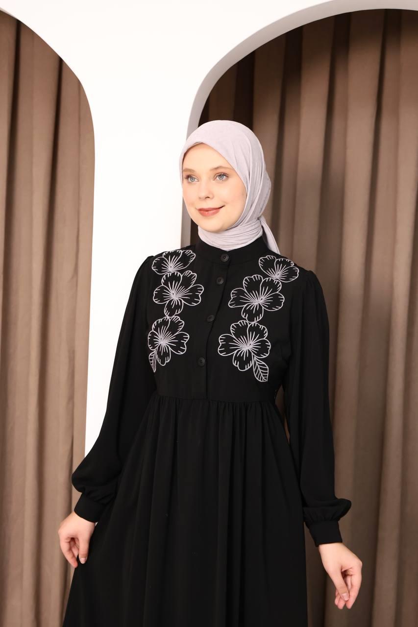 7107 Narin Nakışlı Elbise - Siyah