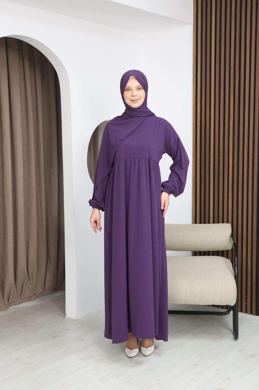 7108 Tesettür Elbise ve Şal Takımı - Mürdüm